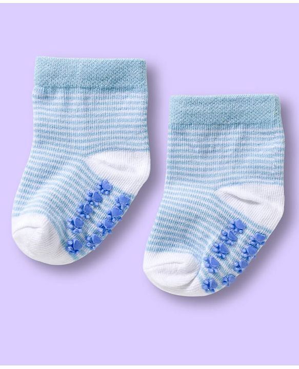 Cute Walk by Babyhug Non Terry Knit Ankle Length Anti Bacterial Anti Skid Sock With Stripes Pack Of 3 - Light Blue & White