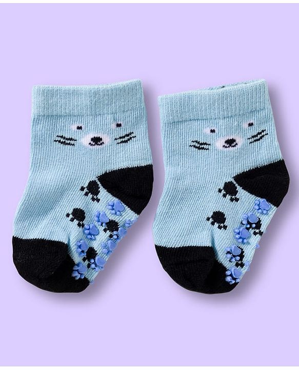 Cute Walk by Babyhug Non Terry Knit Ankle Length Anti Bacterial Anti Skid Sock With Stripes Pack Of 3 - Light Blue & White