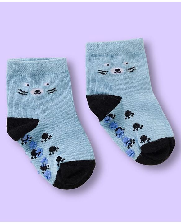 Cute Walk by Babyhug Non Terry Knit Ankle Length Anti Bacterial Anti Skid Sock With Stripes Pack Of 3 - Light Blue & White