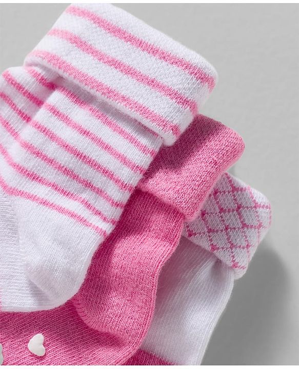 Cute Walk by Babyhug Non Terry Knit Ankle Length Anit Skid Anti Bacterial Socks With Stripes Pack Of 3 - Pink & White