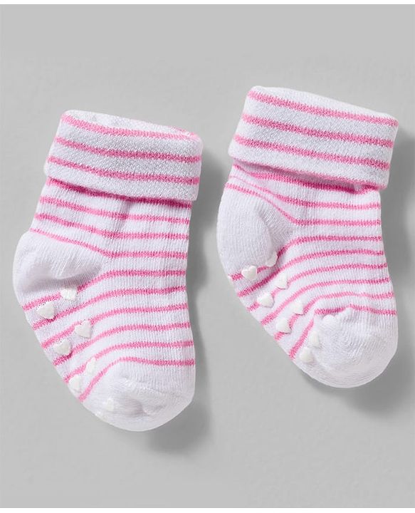 Cute Walk by Babyhug Non Terry Knit Ankle Length Anit Skid Anti Bacterial Socks With Stripes Pack Of 3 - Pink & White