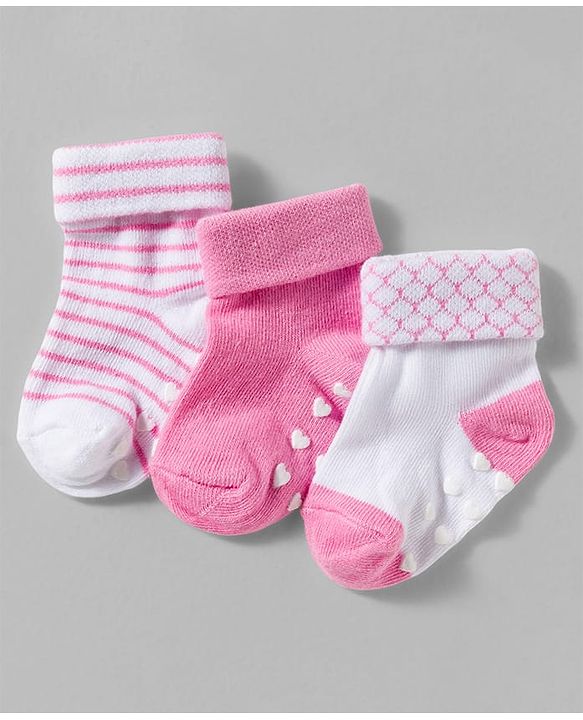 Cute Walk by Babyhug Non Terry Knit Ankle Length Anit Skid Anti Bacterial Socks With Stripes Pack Of 3 - Pink & White