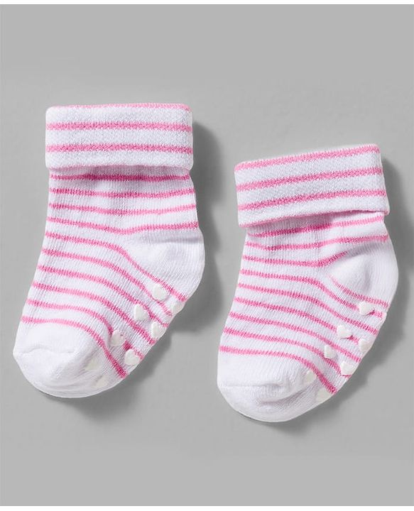 Cute Walk by Babyhug Non Terry Knit Ankle Length Anit Skid Anti Bacterial Socks With Stripes Pack Of 3 - Pink & White