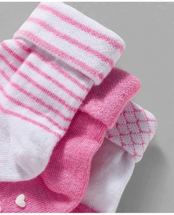Cute Walk by Babyhug Non Terry Knit Ankle Length Anit Skid Anti Bacterial Socks With Stripes Pack Of 3 - Pink & White