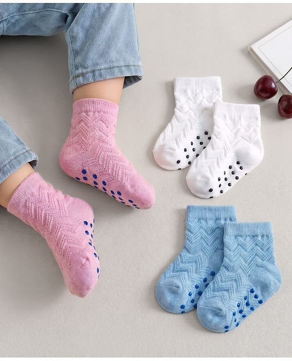 Cute Walk by Babyhug Non Terry Knit Ankle Length Anti Bacterial Anti Skid Socks With Design Pack Of 3 - Pink White & Blue
