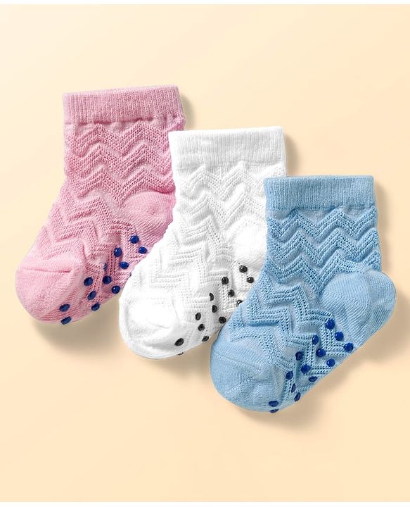 Cute Walk by Babyhug Non Terry Knit Ankle Length Anti Bacterial Anti Skid Socks With Design Pack Of 3 - Pink White & Blue