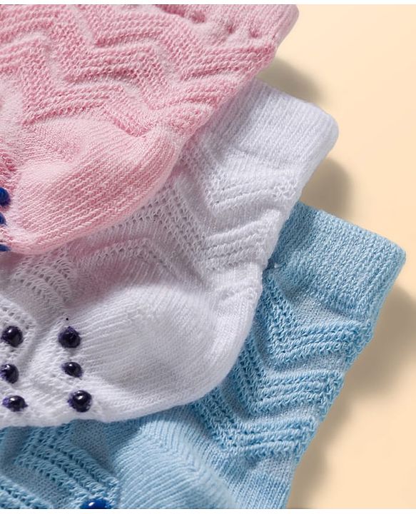 Cute Walk by Babyhug Non Terry Knit Ankle Length Anti Bacterial Anti Skid Socks With Design Pack Of 3 - Pink White & Blue