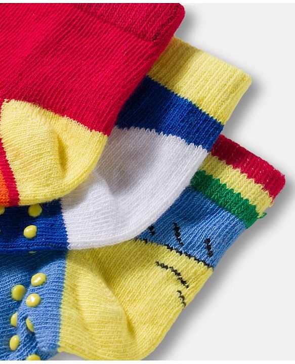 Cute Walk by Babyhug Non Terry Knit Ankle Length Anti Bacterial Anti Skid Socks With Cloud Print Pack Of 3 - Blue Red & Light Blue