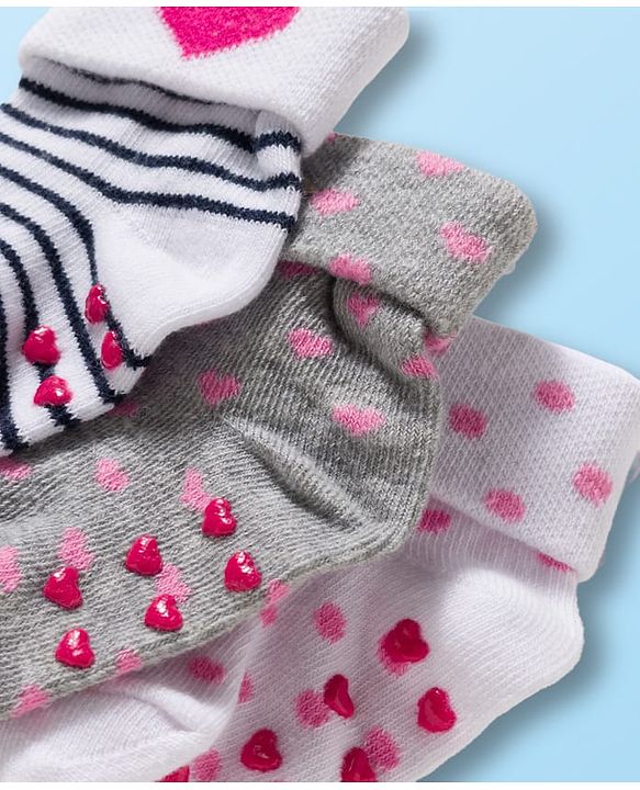Cute Walk by Babyhug Non Terry Knit Ankle Length Anti Bacterial Anti Skid Socks With Heart Design Pack Of 3 - White & Grey