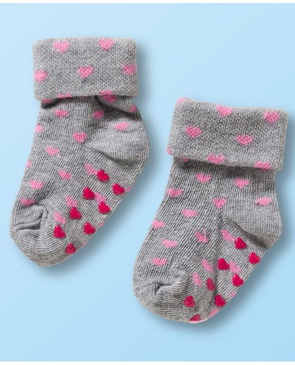 Cute Walk by Babyhug Non Terry Knit Ankle Length Anti Bacterial Anti Skid Socks With Heart Design Pack Of 3 - White & Grey