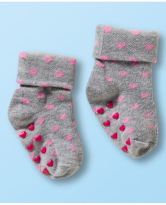 Cute Walk by Babyhug Non Terry Knit Ankle Length Anti Bacterial Anti Skid Socks With Heart Design Pack Of 3 - White & Grey