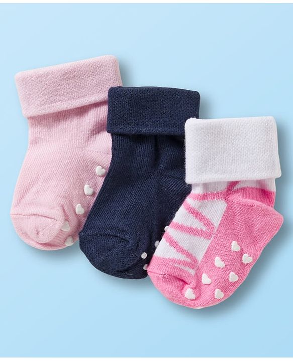 Cute Walk by Babyhug Non Terry Knit Ankle Length Anti Bacterial Anti Skid Socks With  Design Pack Of 3 - Pink Black & Dark Pink