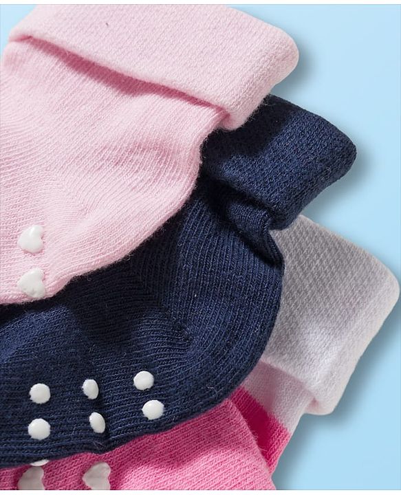 Cute Walk by Babyhug Non Terry Knit Ankle Length Anti Bacterial Anti Skid Socks With  Design Pack Of 3 - Pink Black & Dark Pink
