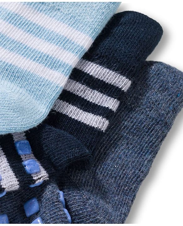Cute Walk by Babyhug Non Terry Knit Ankle Length Anti Bacterial Anti Skid Socks With Stripes Pack Of 3 - Navy Blue Light Blue & Black