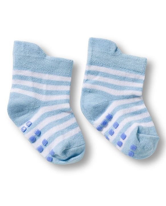 Cute Walk by Babyhug Non Terry Knit Ankle Length Anti Bacterial Anti Skid Socks With Stripes Pack Of 3 - Navy Blue Light Blue & Black