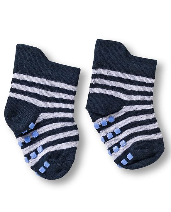 Cute Walk by Babyhug Non Terry Knit Ankle Length Anti Bacterial Anti Skid Socks With Stripes Pack Of 3 - Navy Blue Light Blue & Black