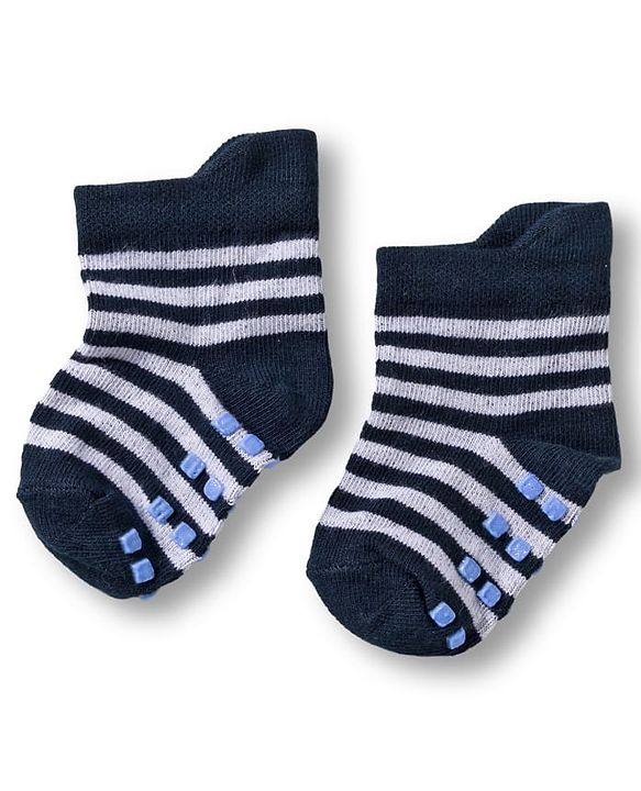 Cute Walk by Babyhug Non Terry Knit Ankle Length Anti Bacterial Anti Skid Socks With Stripes Pack Of 3 - Navy Blue Light Blue & Black