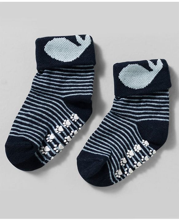 Cute Walk by Babyhug Non Terry Knit Ankle Length Anti Bacterial Anti Skid Socks With Stripes Pack Of 3 - Blue Grey & Black