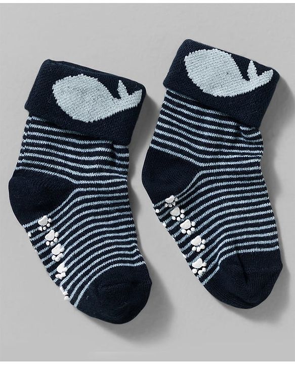 Cute Walk by Babyhug Non Terry Knit Ankle Length Anti Bacterial Anti Skid Socks With Stripes Pack Of 3 - Blue Grey & Black