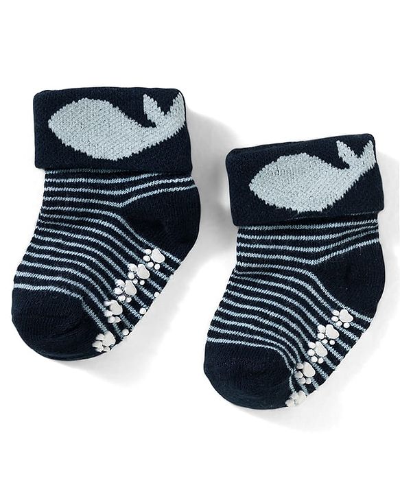 Cute Walk by Babyhug Non Terry Knit Ankle Length Anti Bacterial Anti Skid Socks With Stripes Pack Of 3 - Blue Grey & Black