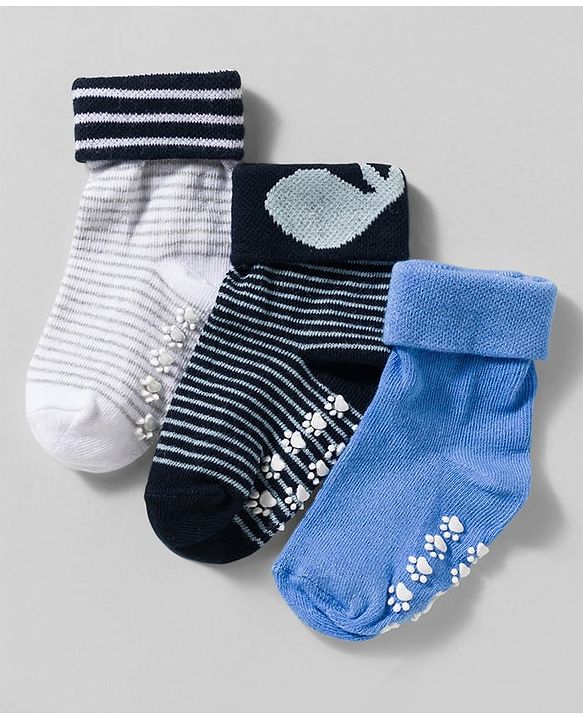 Cute Walk by Babyhug Non Terry Knit Ankle Length Anti Bacterial Anti Skid Socks With Stripes Pack Of 3 - Blue Grey & Black