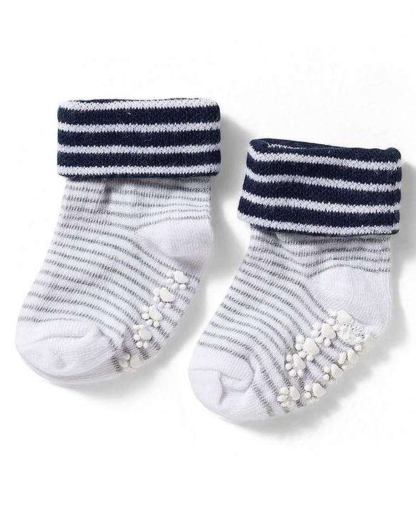 Cute Walk by Babyhug Non Terry Knit Ankle Length Anti Bacterial Anti Skid Socks With Stripes Pack Of 3 - Blue Grey & Black