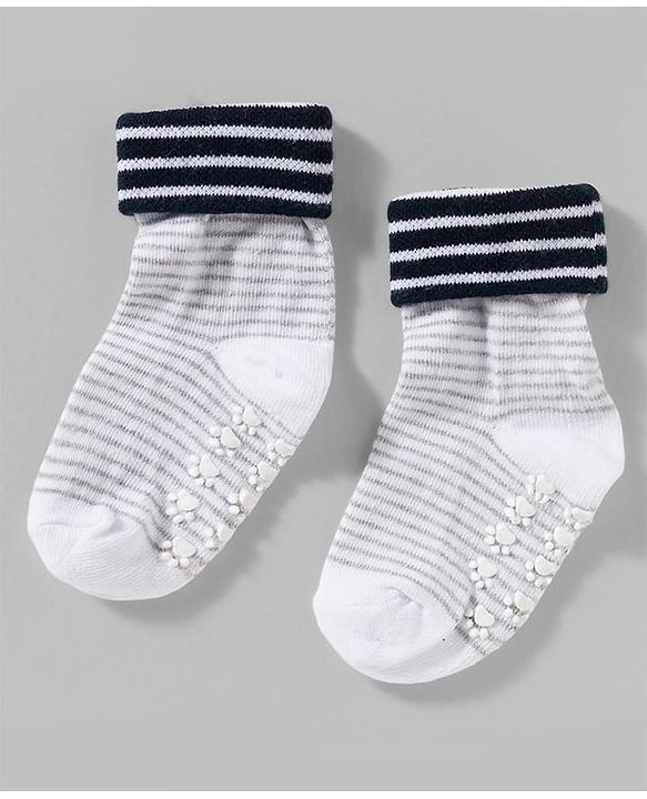 Cute Walk by Babyhug Non Terry Knit Ankle Length Anti Bacterial Anti Skid Socks With Stripes Pack Of 3 - Blue Grey & Black