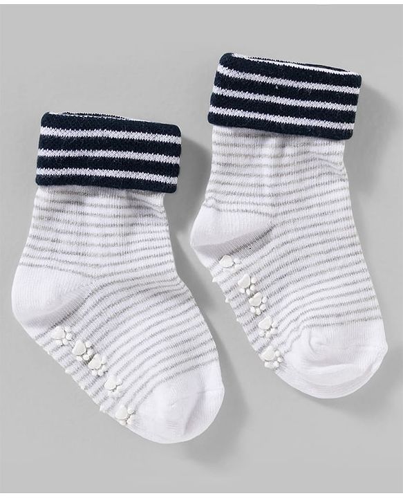 Cute Walk by Babyhug Non Terry Knit Ankle Length Anti Bacterial Anti Skid Socks With Stripes Pack Of 3 - Blue Grey & Black