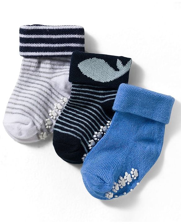 Cute Walk by Babyhug Non Terry Knit Ankle Length Anti Bacterial Anti Skid Socks With Stripes Pack Of 3 - Blue Grey & Black