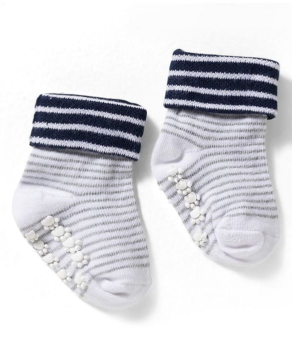 Cute Walk by Babyhug Non Terry Knit Ankle Length Anti Bacterial Anti Skid Socks With Stripes Pack Of 3 - Blue Grey & Black