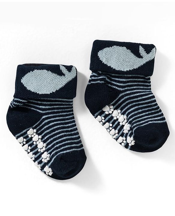 Cute Walk by Babyhug Non Terry Knit Ankle Length Anti Bacterial Anti Skid Socks With Stripes Pack Of 3 - Blue Grey & Black