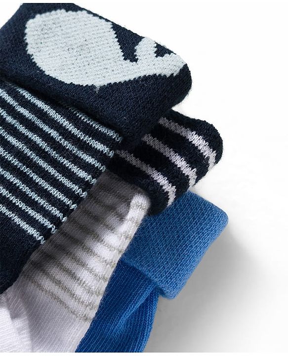 Cute Walk by Babyhug Non Terry Knit Ankle Length Anti Bacterial Anti Skid Socks With Stripes Pack Of 3 - Blue Grey & Black