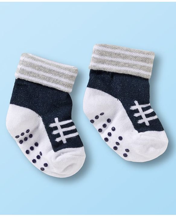 Cute Walk by Babyhug Non Terry Knit Ankle Length Anti Bacterial Anti Skid Socks With Stripes Pack Of 3 - Black White & Grey