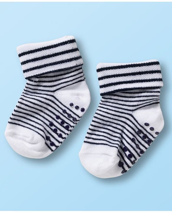 Cute Walk by Babyhug Non Terry Knit Ankle Length Anti Bacterial Anti Skid Socks With Stripes Pack Of 3 - Black White & Grey