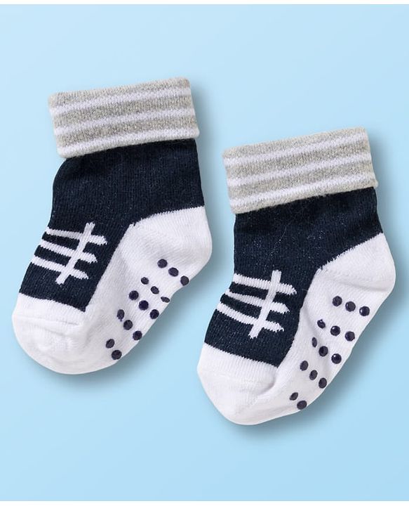 Cute Walk by Babyhug Non Terry Knit Ankle Length Anti Bacterial Anti Skid Socks With Stripes Pack Of 3 - Black White & Grey