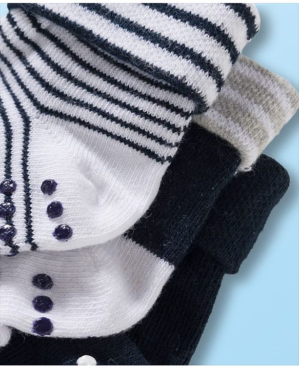 Cute Walk by Babyhug Non Terry Knit Ankle Length Anti Bacterial Anti Skid Socks With Stripes Pack Of 3 - Black White & Grey