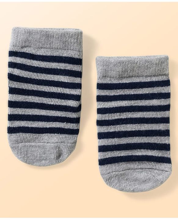 Cute Walk by Babyhug Non Terry Knit Ankle Length Anti Bacterial Anti Skid Socks With Stripes Pack Of 3 - Light Blue Black & Grey