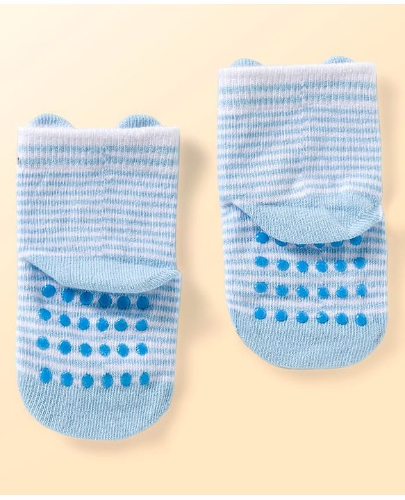 Cute Walk by Babyhug Non Terry Knit Ankle Length Anti Bacterial Anti Skid Socks With Stripes Pack Of 3 - Light Blue Black & Grey