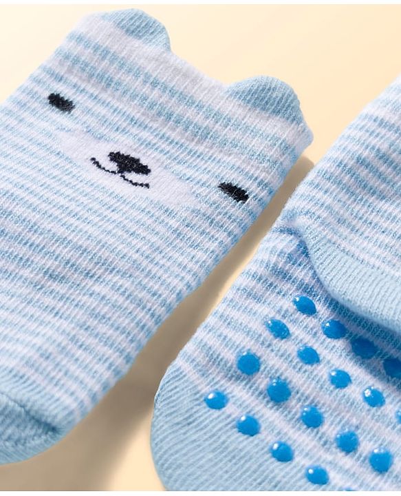 Cute Walk by Babyhug Non Terry Knit Ankle Length Anti Bacterial Anti Skid Socks With Stripes Pack Of 3 - Light Blue Black & Grey