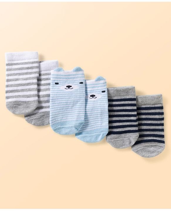 Cute Walk by Babyhug Non Terry Knit Ankle Length Anti Bacterial Anti Skid Socks With Stripes Pack Of 3 - Light Blue Black & Grey