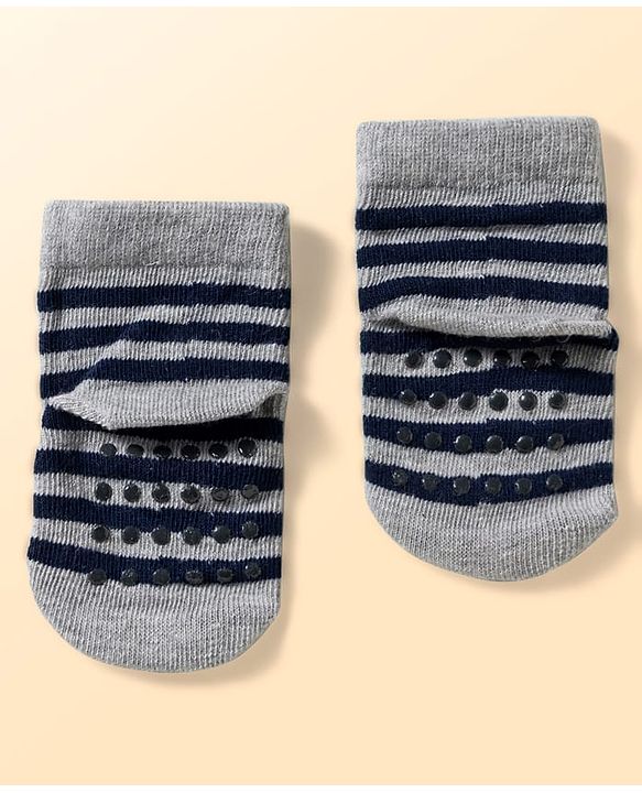 Cute Walk by Babyhug Non Terry Knit Ankle Length Anti Bacterial Anti Skid Socks With Stripes Pack Of 3 - Light Blue Black & Grey