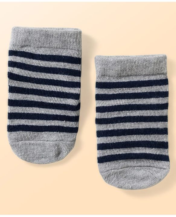 Cute Walk by Babyhug Non Terry Knit Ankle Length Anti Bacterial Anti Skid Socks With Stripes Pack Of 3 - Light Blue Black & Grey