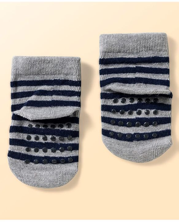 Cute Walk by Babyhug Non Terry Knit Ankle Length Anti Bacterial Anti Skid Socks With Stripes Pack Of 3 - Light Blue Black & Grey