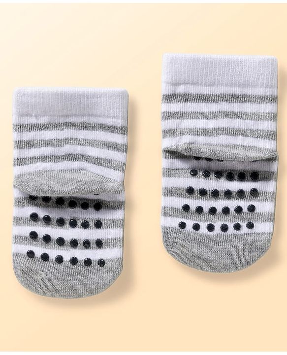 Cute Walk by Babyhug Non Terry Knit Ankle Length Anti Bacterial Anti Skid Socks With Stripes Pack Of 3 - Light Blue Black & Grey
