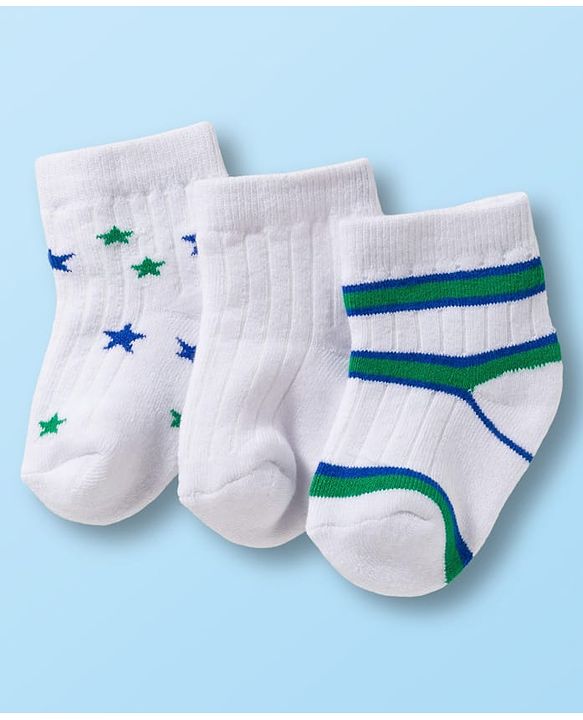 Cutewalk by Babyhug Non Terry Ankle Length Anti-Bacterial Socks With Star Design Pack of 3 - White