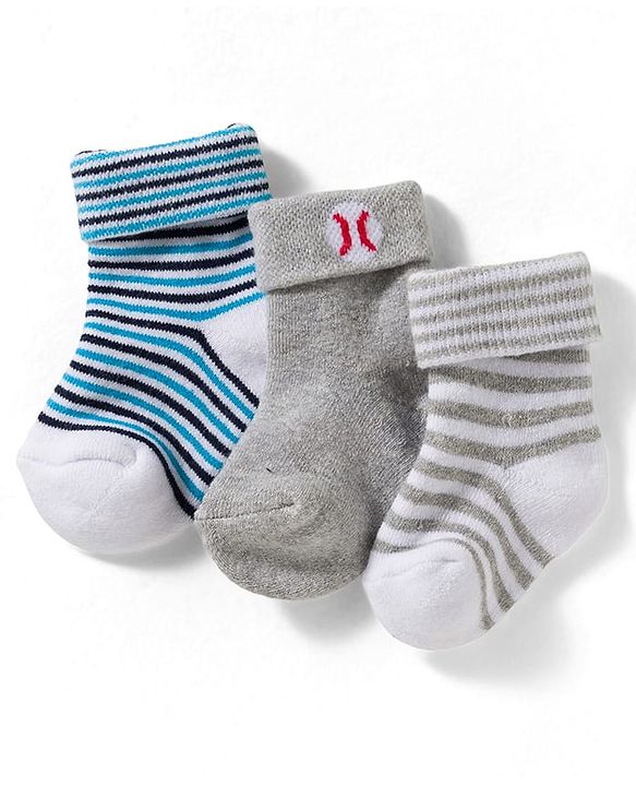 Cute Walk by Babyhug Non Terry Knit Ankle Length Anti Bacterial Socks With Stripes Pack Of 3 - Grey Blue & White