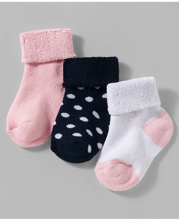Cute Walk by Babyhug Non Terry Knit Ankle Length Anti Bacterial Socks With Polka Dot Design Pack Of 3 - Pink White & Black