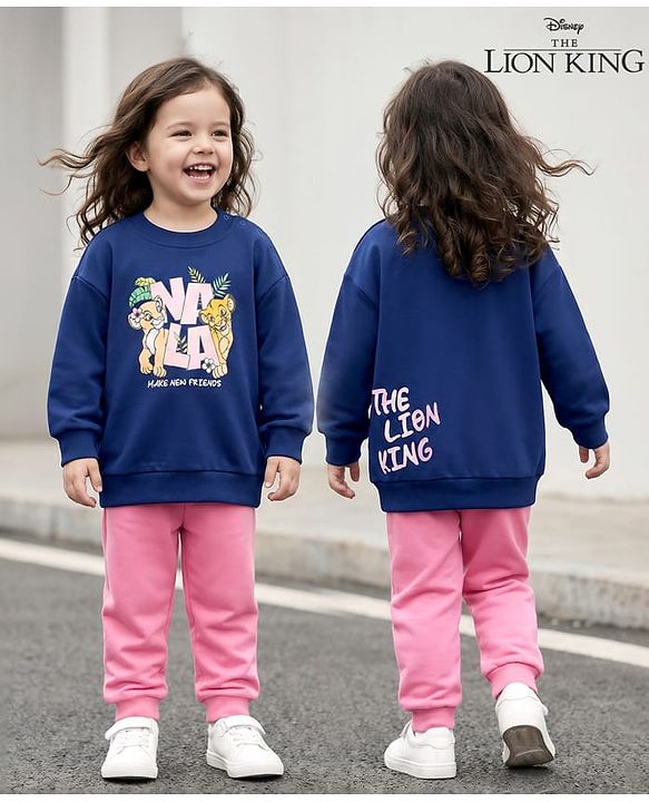 Babyhug Disney Terry Knit Full Sleeves T-Shirt & Track Pant Set with Lion King Front & Back Graphic with Badge Detailing - Navy Blue & Pink