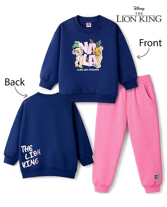 Babyhug Disney Terry Knit Full Sleeves T-Shirt & Track Pant Set with Lion King Front & Back Graphic with Badge Detailing - Navy Blue & Pink
