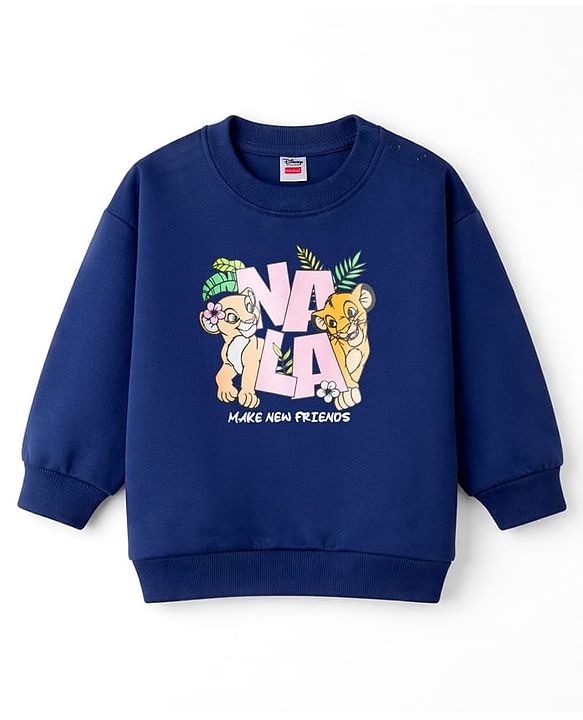 Babyhug Disney Terry Knit Full Sleeves T-Shirt & Track Pant Set with Lion King Front & Back Graphic with Badge Detailing - Navy Blue & Pink